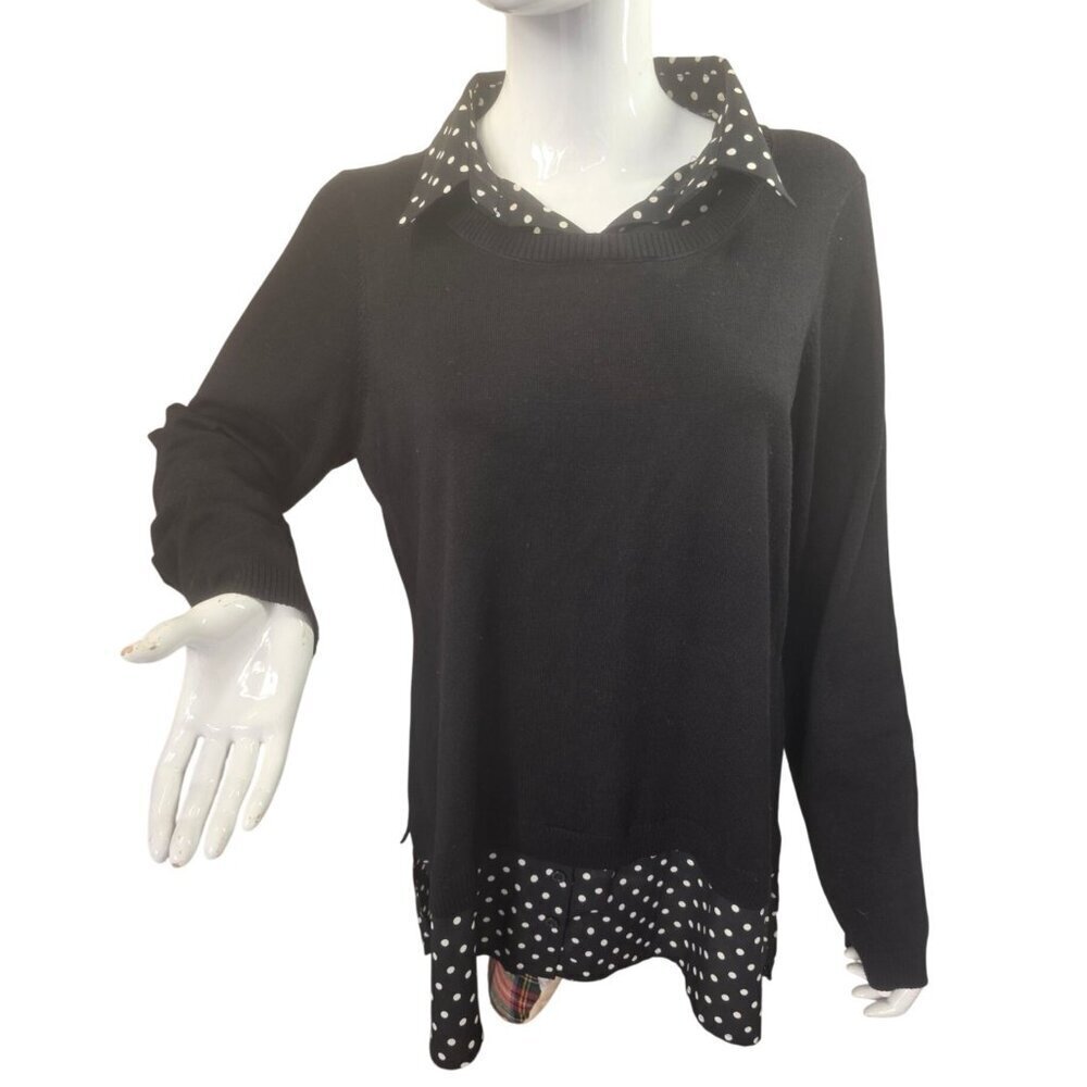 Adrianna Papell Black Knit Sweater Women Sz L Faux Shirt Polka Dot Hem Collar